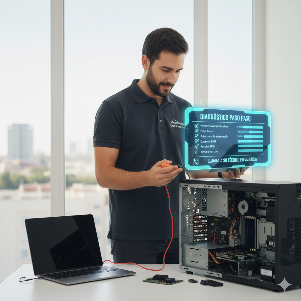 Gemini_Generated_Image_peqavlpeqavlpeqa El ordenador no enciende o se reinicia solo: Diagnóstico paso a paso y cuándo llamar a su técnico en Valencia
