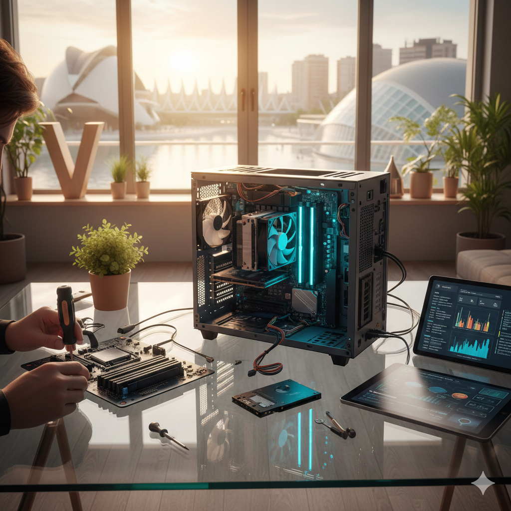 Técnico informático optimizando un ordenador en Valencia