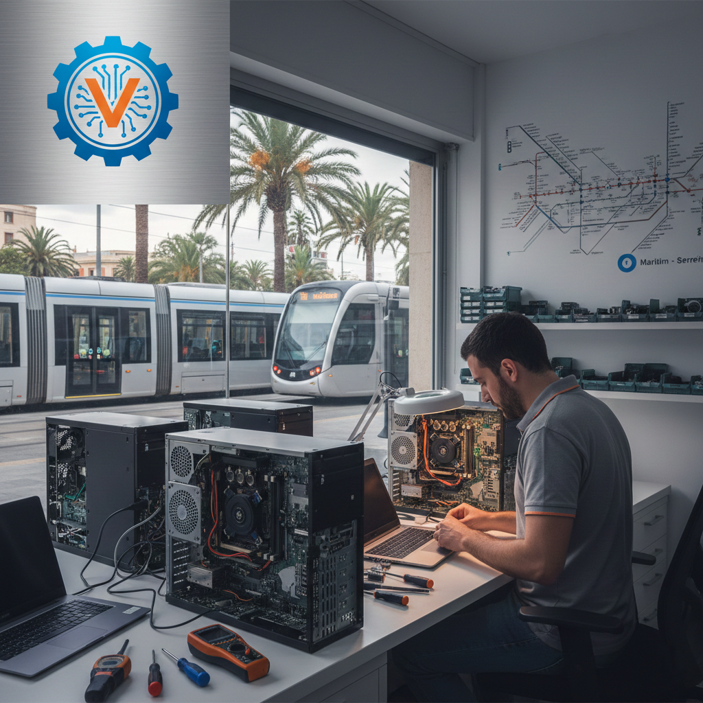 Técnico informático reparando ordenador cerca del metro Marítim en Valencia