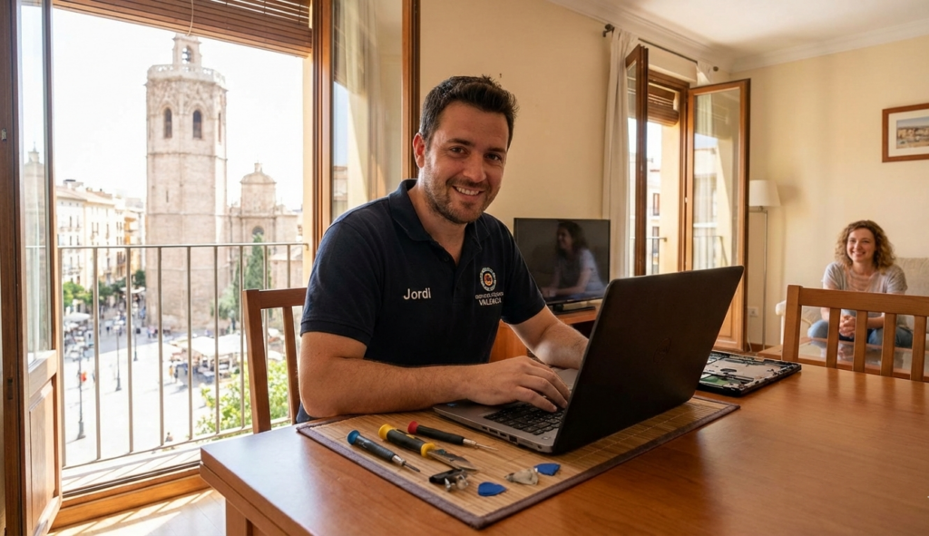 Técnico reparando un portátil en casa en Valencia Técnico reparando un portátil en casa en Valencia