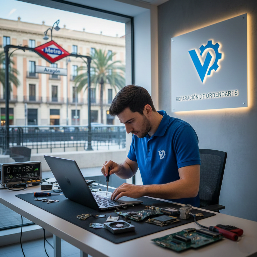 Técnico informático reparando ordenador cerca del metro Aragón Valencia
