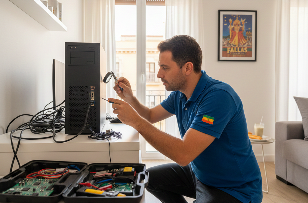 Técnico revisando puerto USB dañado en un ordenador a domicilio en Valencia