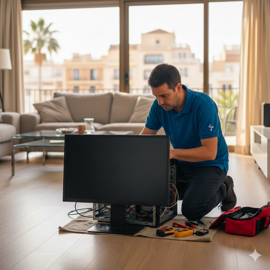 Técnico reparando ordenador con pantalla negra a domicilio en Valencia