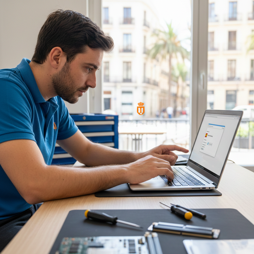 Técnico configurando el idioma del teclado en portátil en Valencia