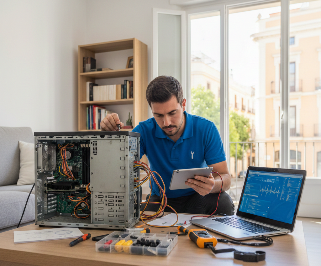 Técnico reparando ordenador que se reinicia solo en bucle a domicilio en Valencia