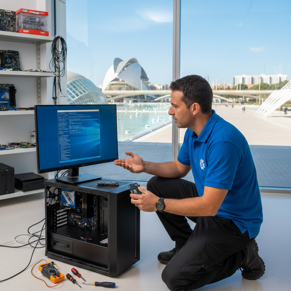 técnico reparando PC con pantalla azul BSOD en Valencia