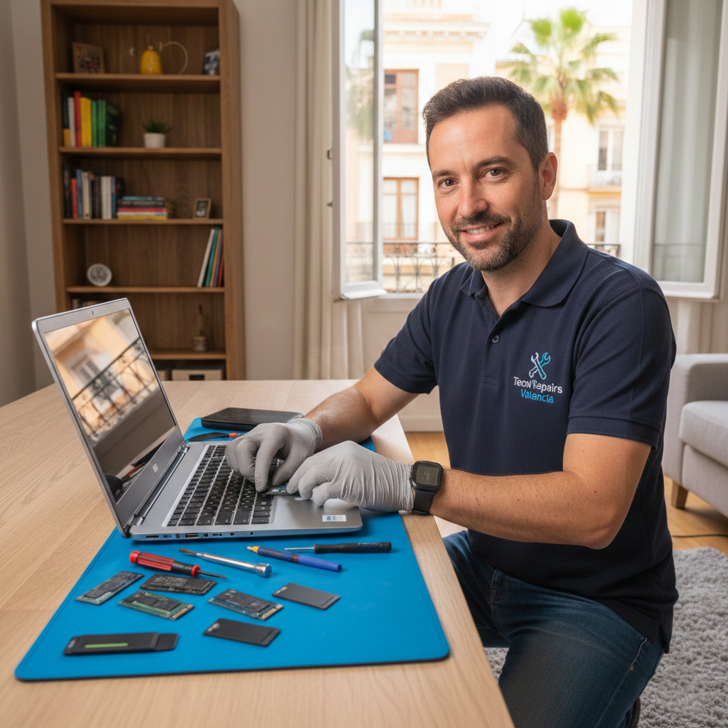 Técnico ampliando almacenamiento SSD de portátil a domicilio en Valencia
