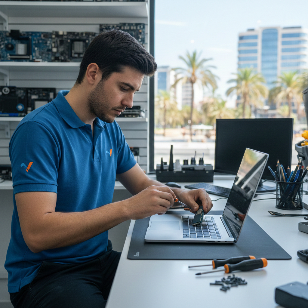 Técnico instalando SSD interno en portátil para ampliar almacenamiento en Valencia