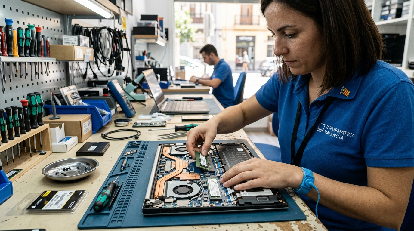 Técnico instalando módulos de RAM SO-DIMM en un portátil abierto en Valencia