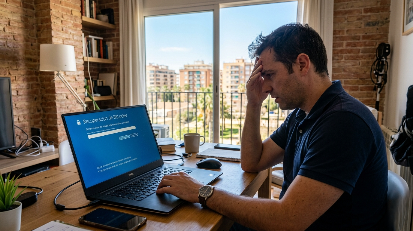 Pantalla de recuperación BitLocker bloqueando el acceso a un PC en Valencia