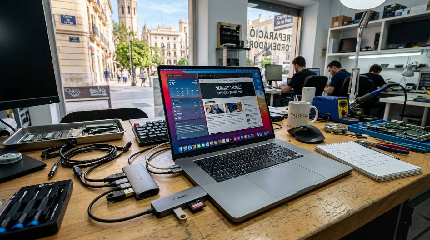 Varios hubs USB-C conectados a un portátil en una mesa de trabajo en Valencia