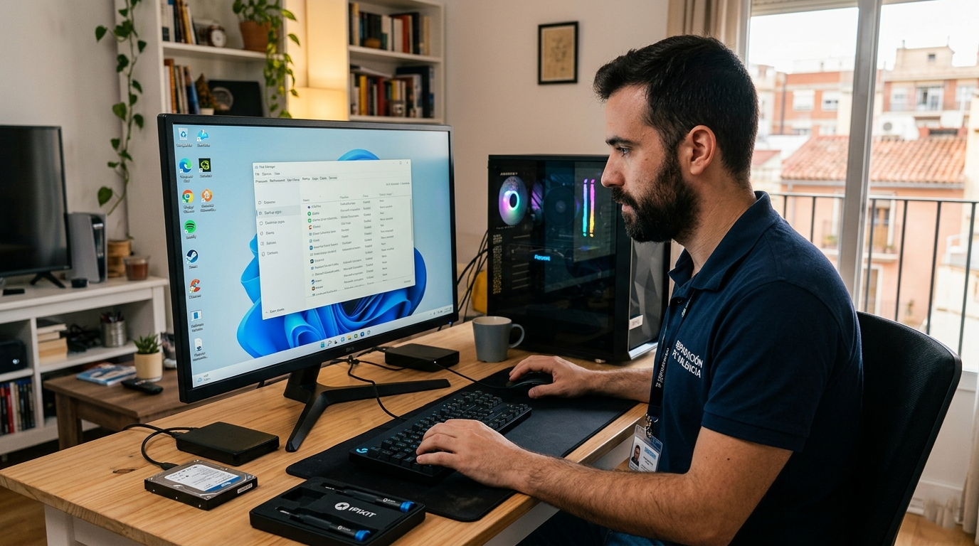 Técnico optimizando el arranque de Windows 11 en un ordenador a domicilio en Valencia