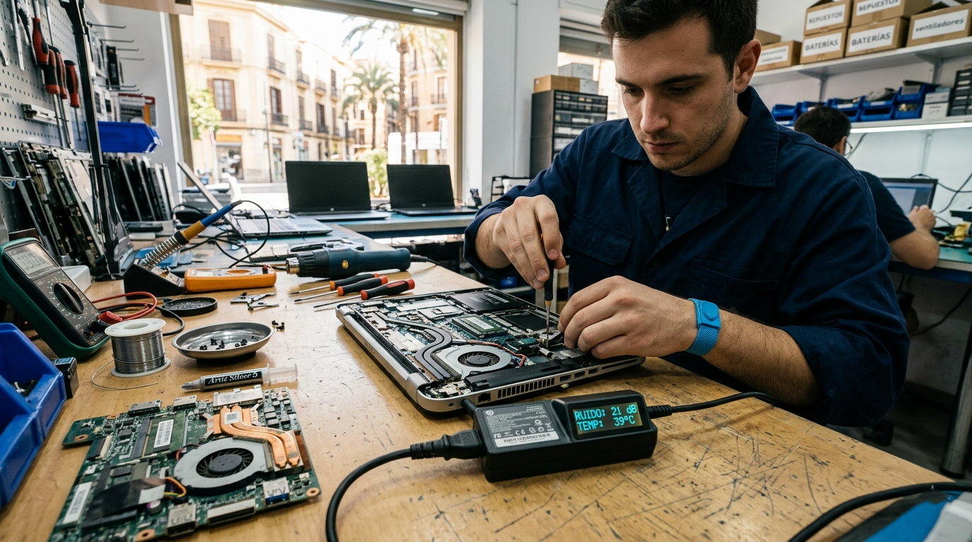 Cargador de portátil con indicadores de ruido y temperatura en Valencia