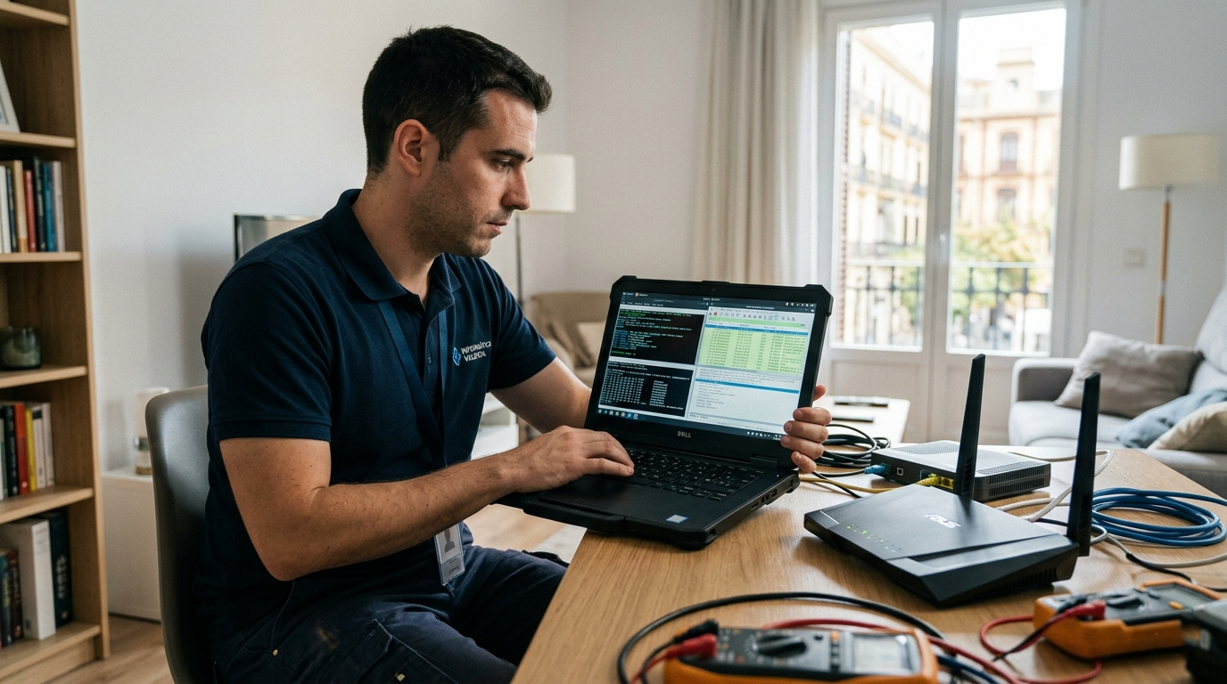 Técnico revisando la seguridad de una red WiFi doméstica en Valencia