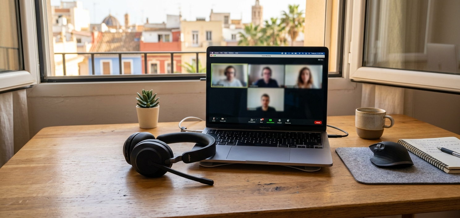 Auriculares Jabra Evolve2 65 sobre escritorio de teletrabajo para videollamadas Zoom y Teams en Valencia