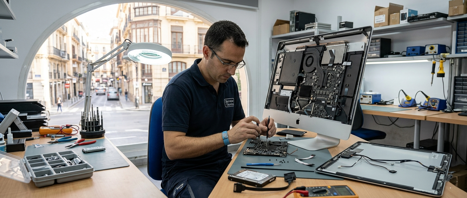 Técnico especializado reparando un iMac en Valencia