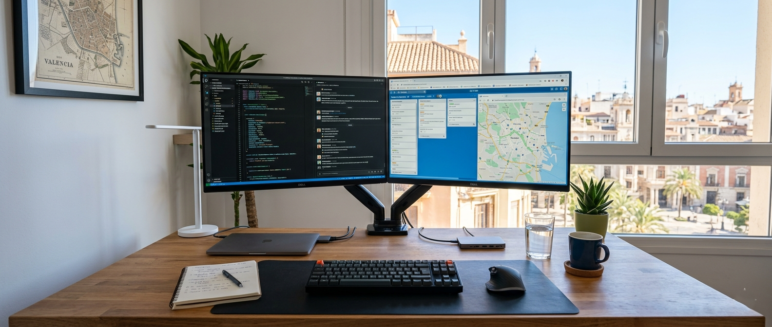 Setup de teletrabajo con doble monitor en una oficina doméstica en Valencia