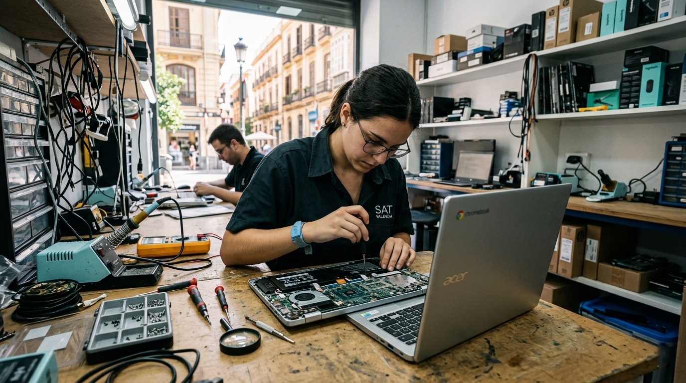 Técnico reparando un Chromebook en Valencia