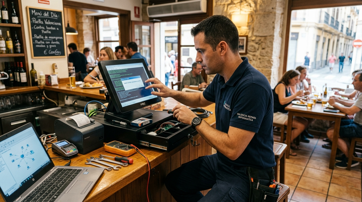 Técnico informático revisando un TPV en un restaurante de Valencia