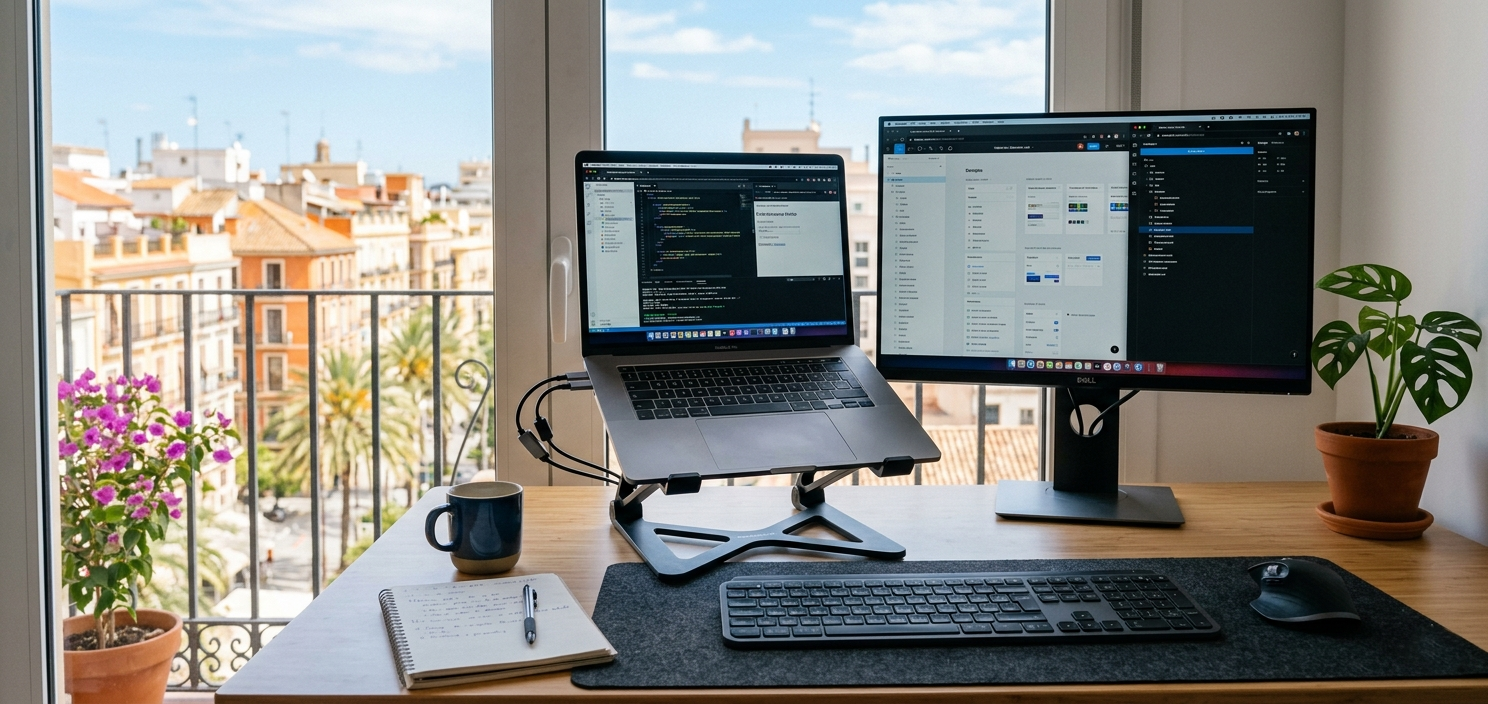 Portatil elevado sobre soporte Nexstand K2 en un escritorio de teletrabajo en Valencia con monitor externo y teclado