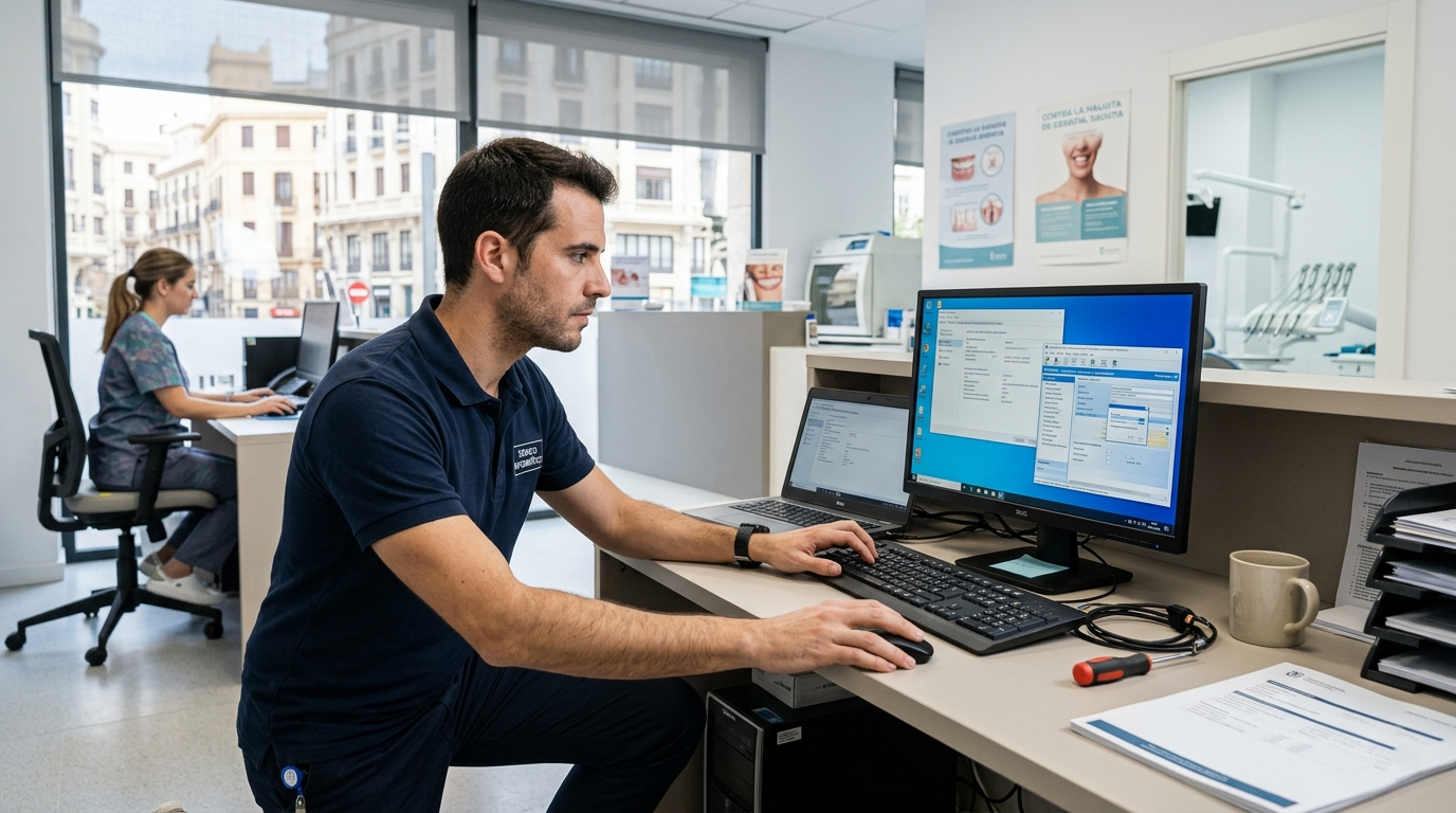 Técnico informático revisando los sistemas de una clínica dental en Valencia