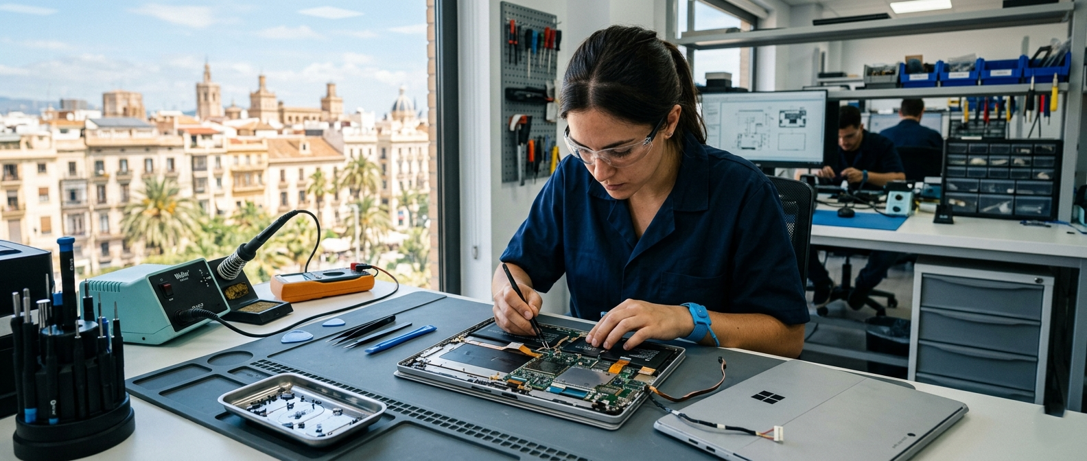 Técnico reparando un Microsoft Surface Pro en Valencia