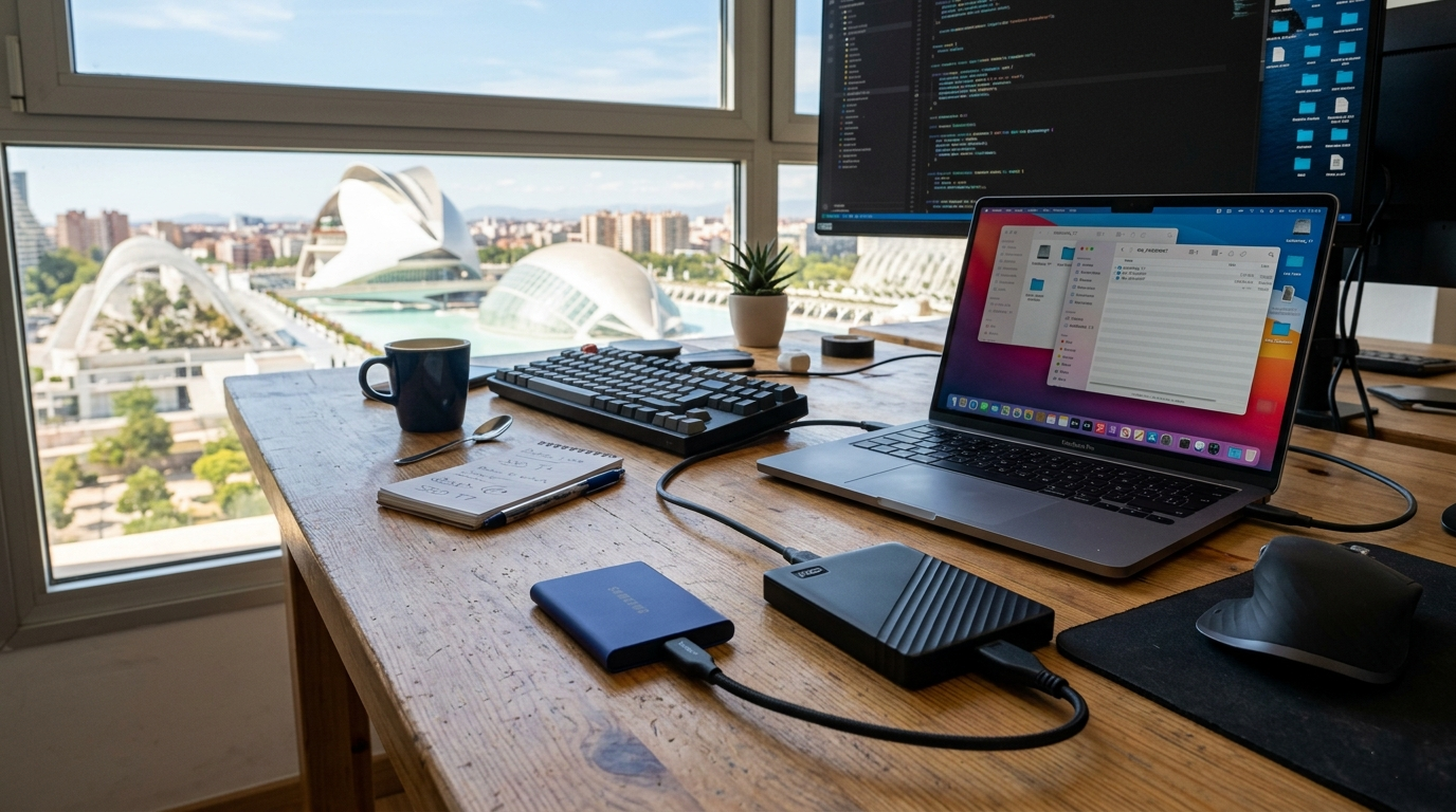 SSD externo Samsung T7 y disco duro externo WD My Passport sobre escritorio de trabajo en Valencia