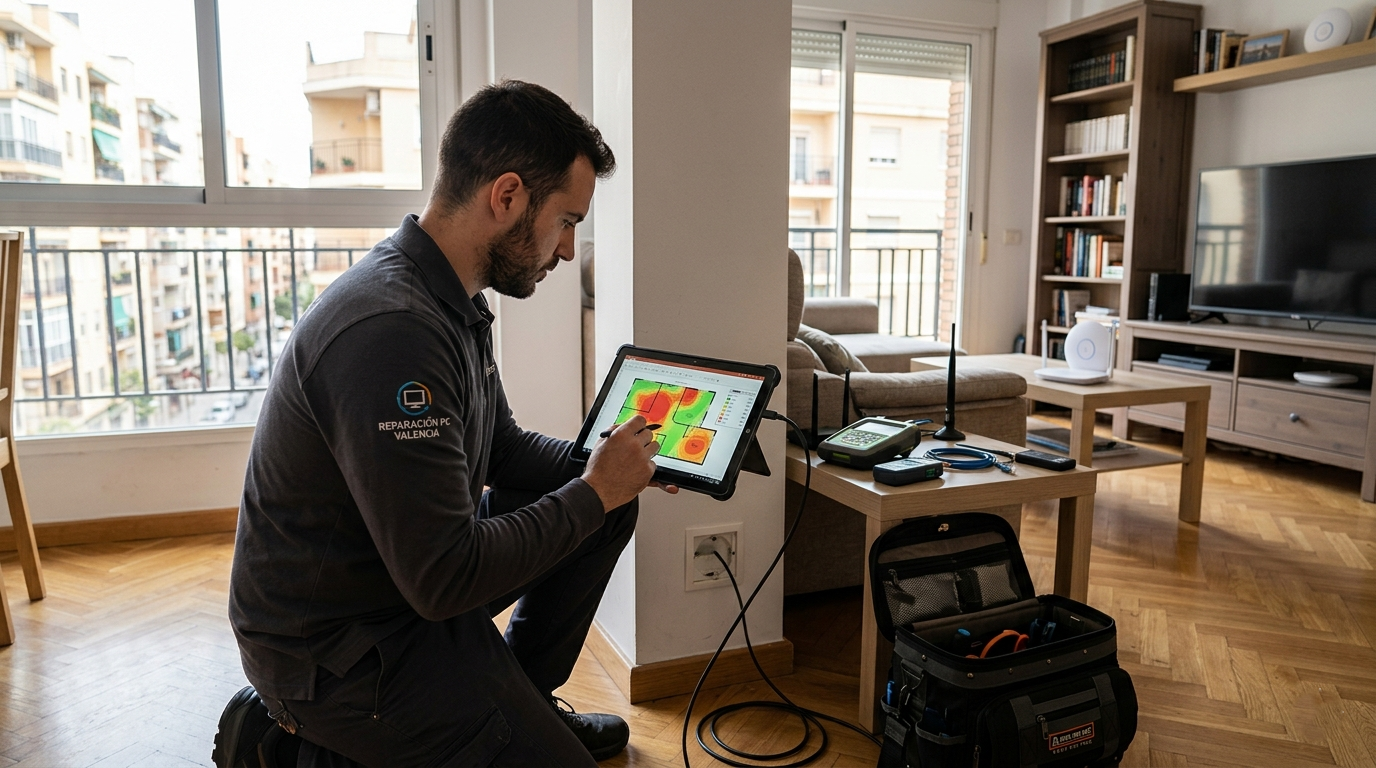 Técnico midiendo la cobertura WiFi en un piso de Valencia con herramientas profesionales