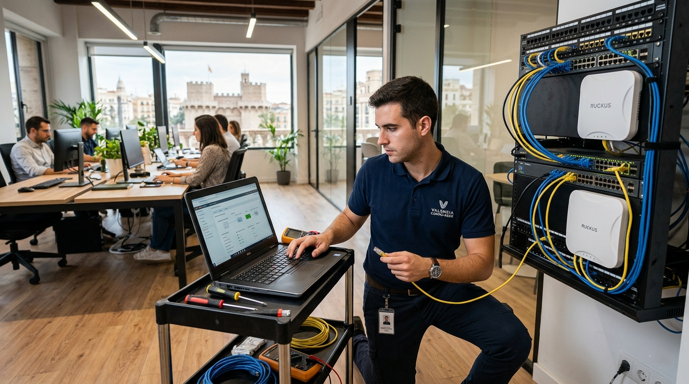 Técnico configurando una red WiFi empresarial en una oficina de Valencia