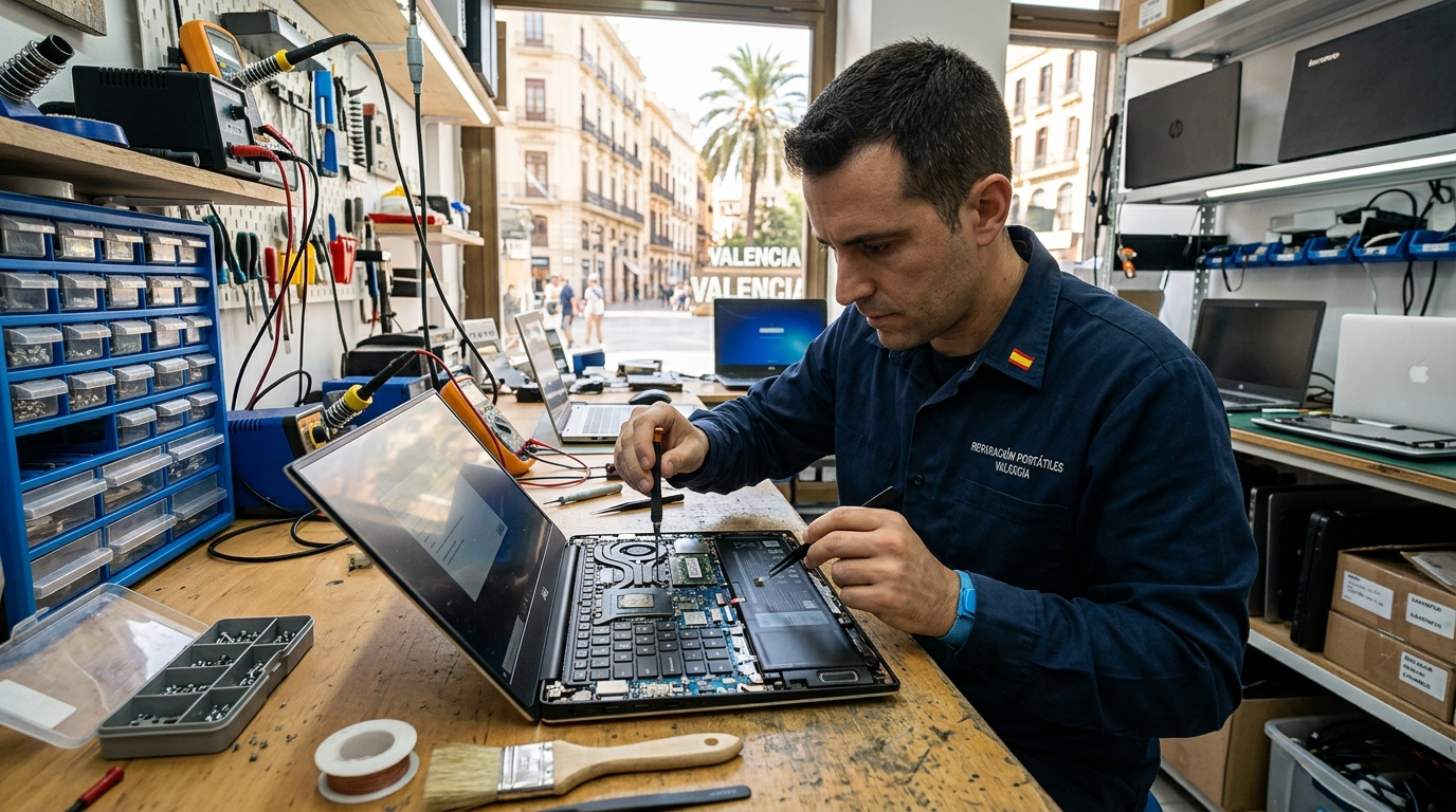 Técnico reparando portátil en Valencia a domicilio