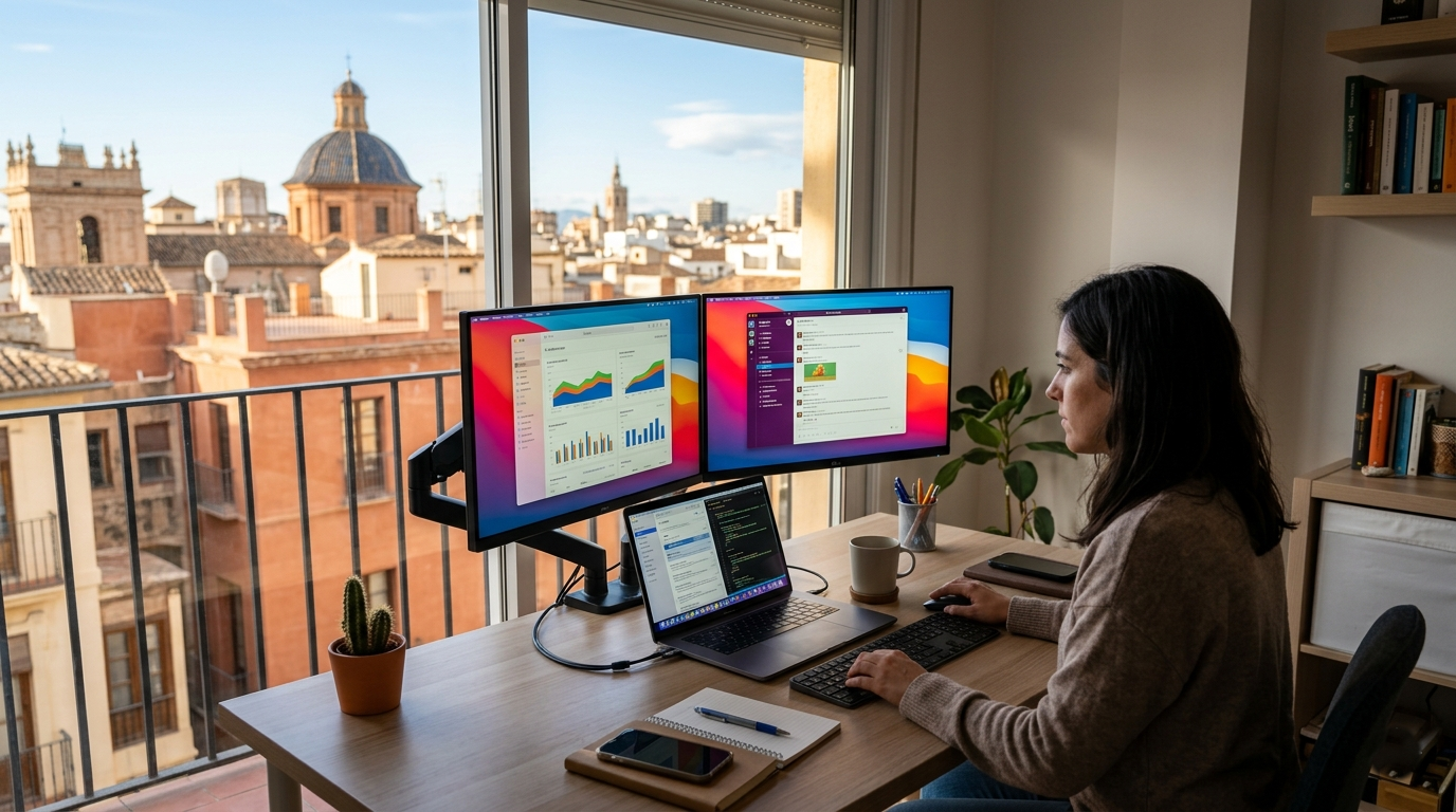 Portátil conectado a dos monitores en un setup de teletrabajo en Valencia