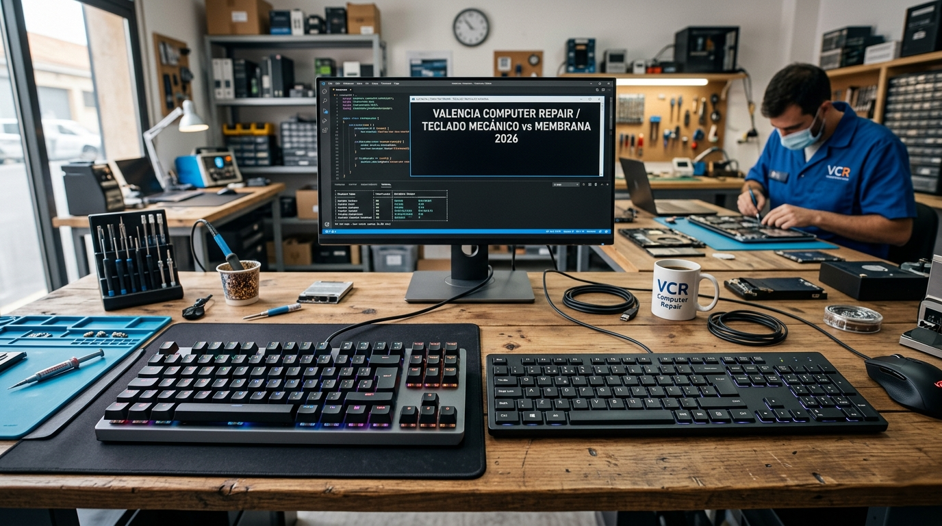 Comparativa de teclado mecánico y teclado de membrana sobre un escritorio de teletrabajo en Valencia