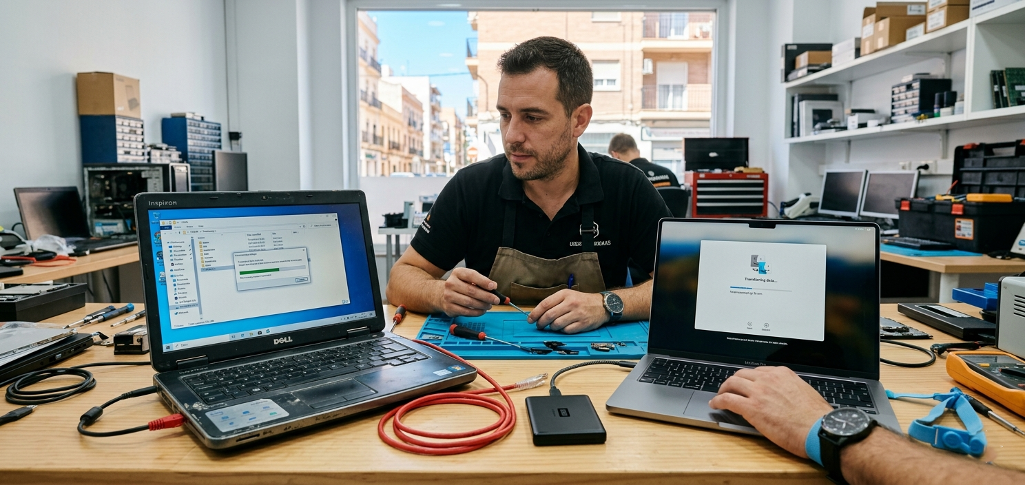 Técnico migrando datos de un portátil viejo a uno nuevo en Valencia con disco externo y cable de red