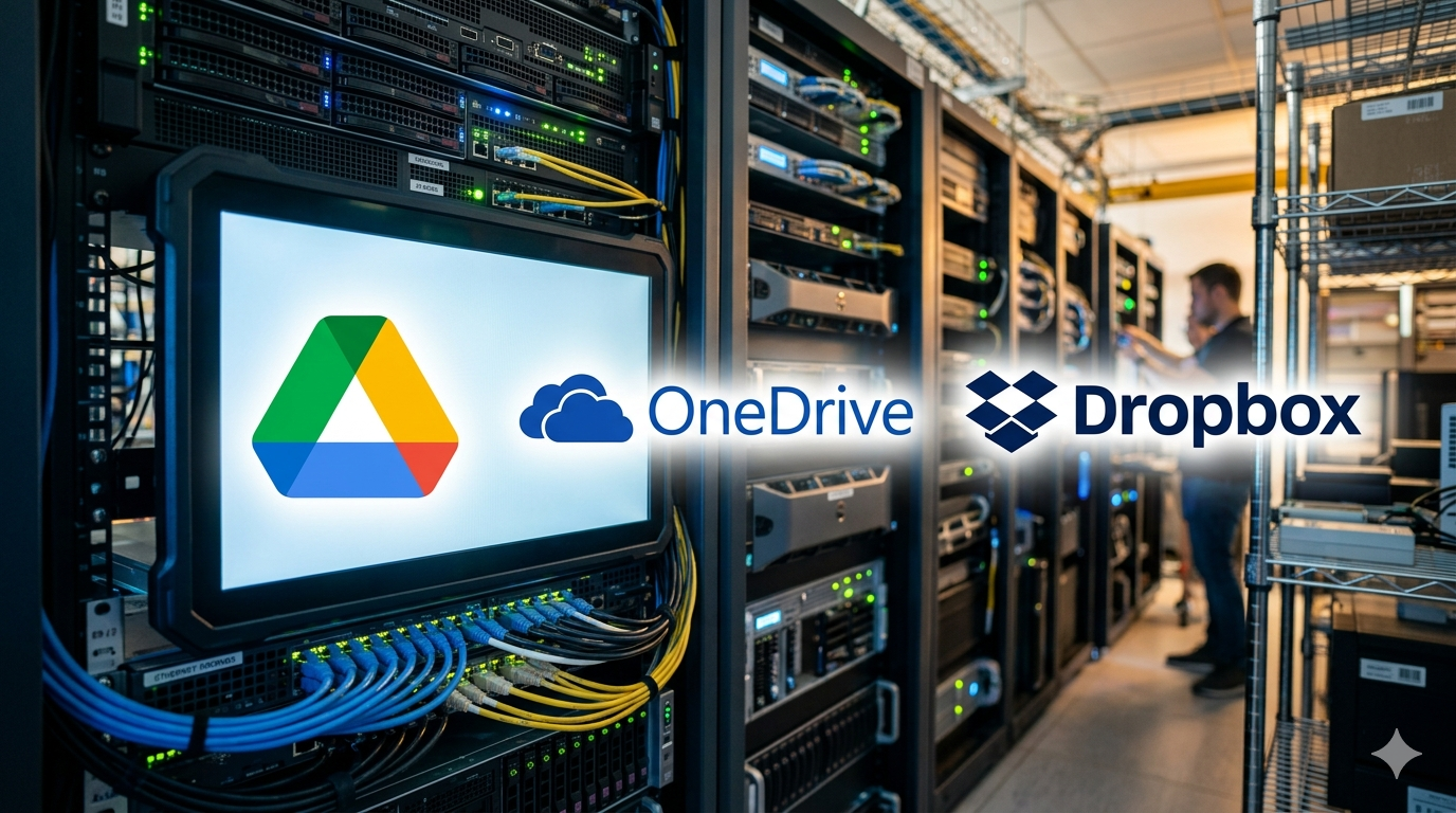 Logotipos de Google Drive, OneDrive y Dropbox sobre un fondo de tecnología cloud