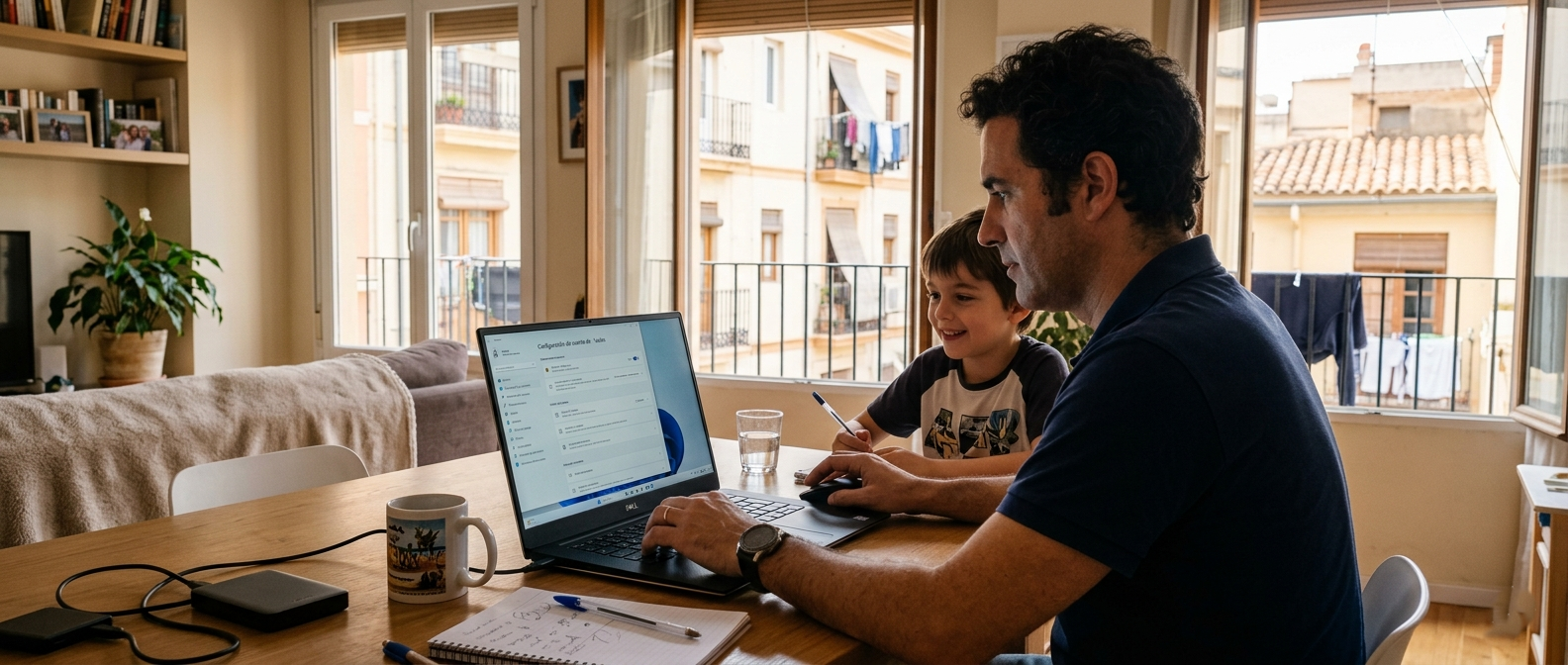Padre configurando el control parental de Windows 11 en el ordenador de su hijo en Valencia