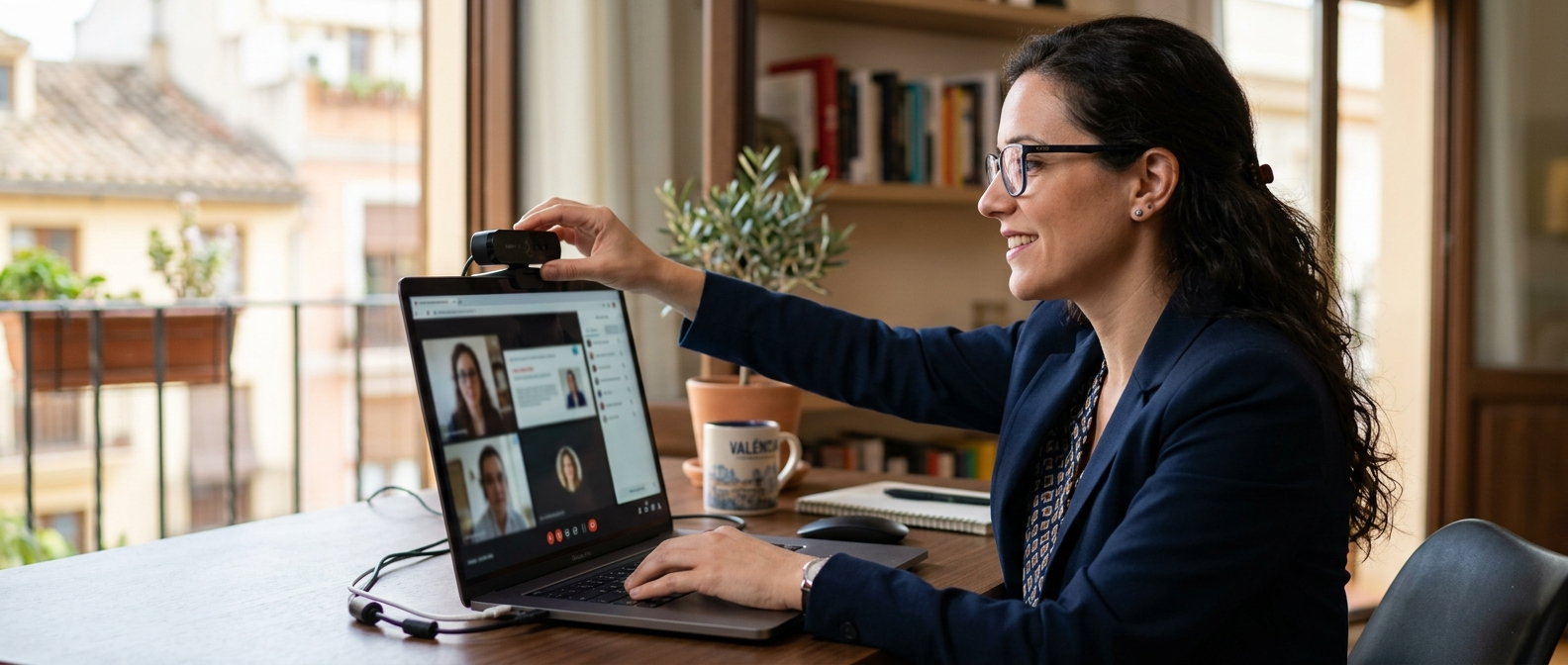 Persona en una videollamada profesional en Valencia ajustando su webcam