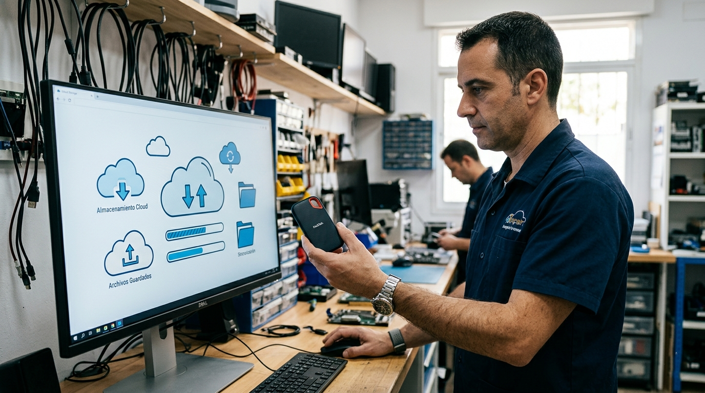 Persona sosteniendo un SSD externo frente a una pantalla con iconos de almacenamiento cloud