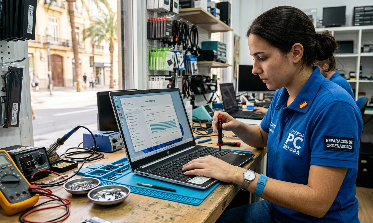 Técnico reparando portátil y mostrando informe de salud de batería en Windows 11 en Valencia