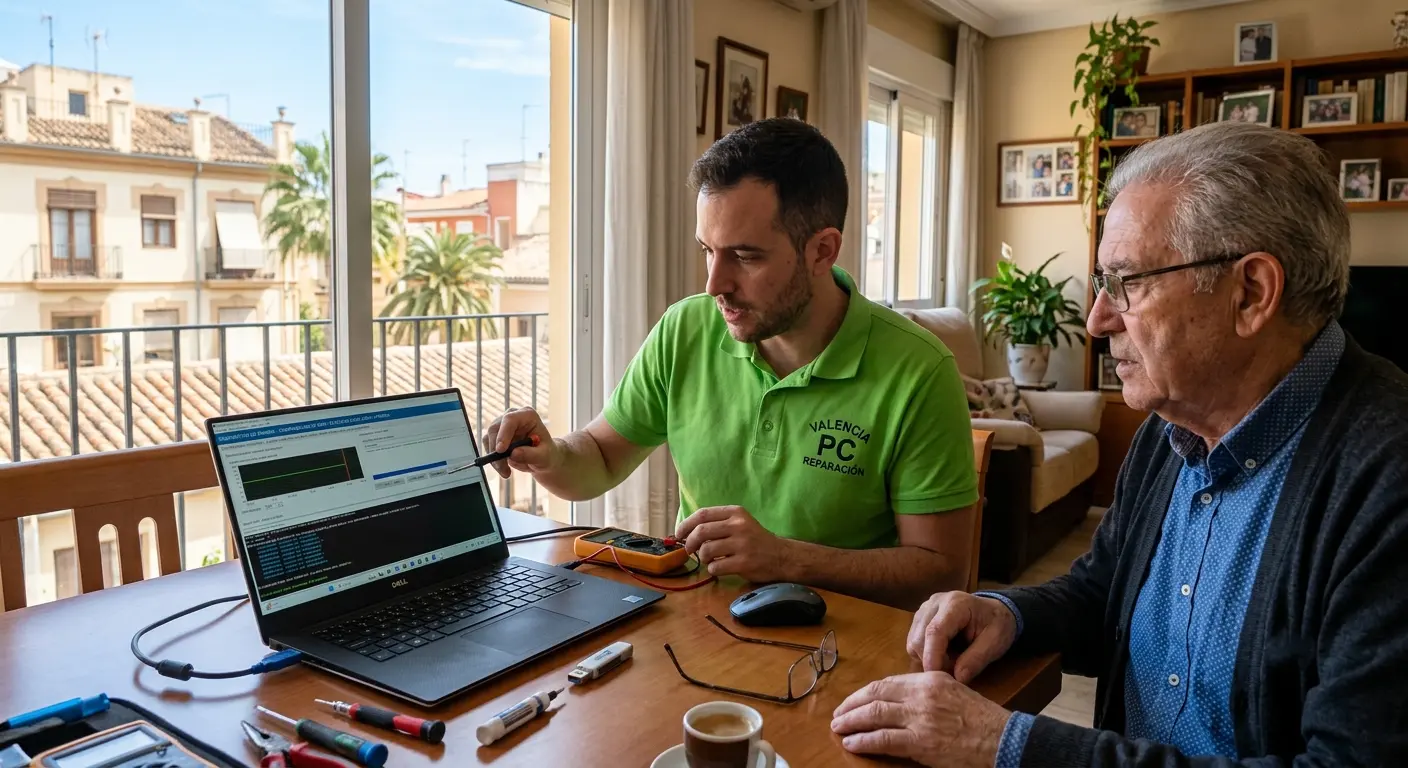 Técnico realizando un diagnóstico profesional de portátil a domicilio en Valencia